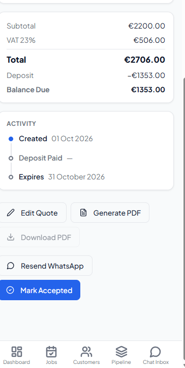 BookedJobs quote with total, deposit, balance and activity
