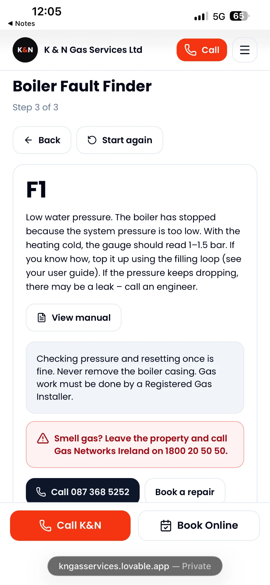 Boiler Fault Finder: F1 low water pressure result
