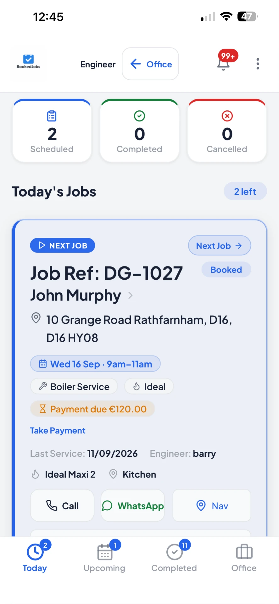 Genuine BookedJobs engineer app showing a boiler service job and payment due banner