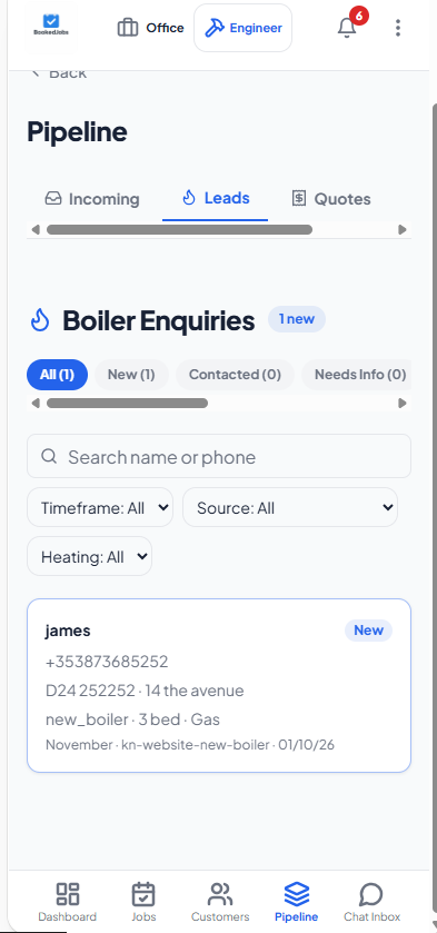 BookedJobs pipeline showing a new boiler enquiry lead