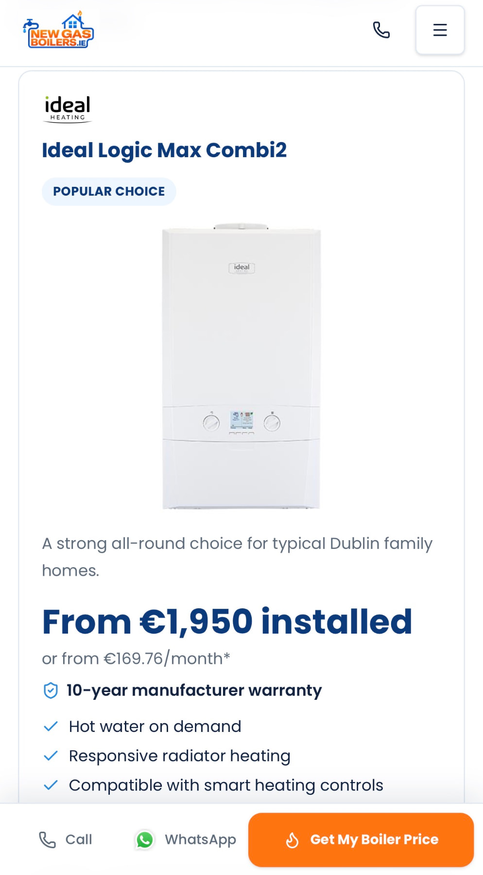 Example boiler product page — Ideal Logic Max Combi2