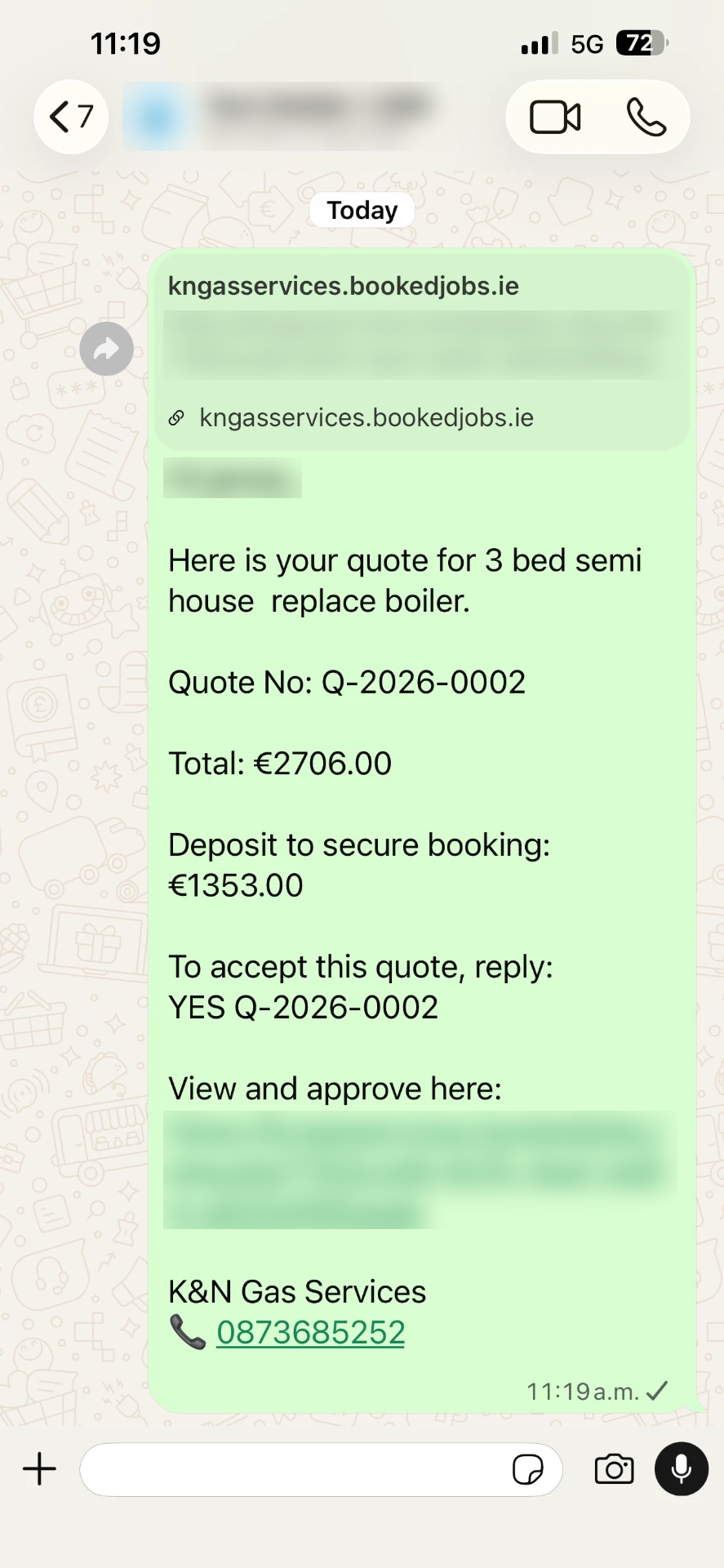 Quote sent to a customer by WhatsApp (customer details hidden)