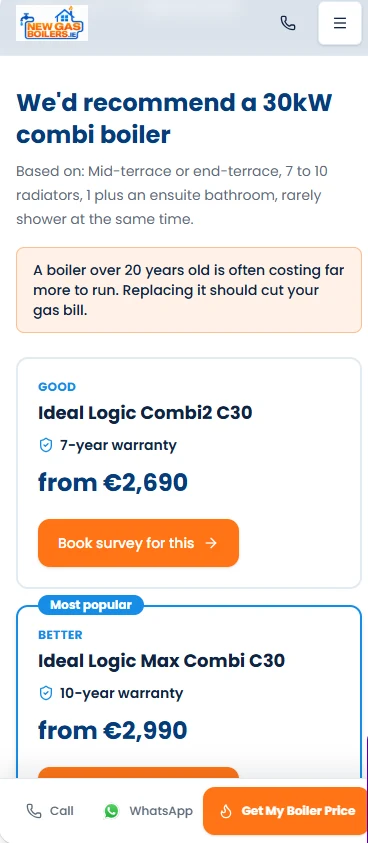 Boiler price results recommending a 30kW combi with installed prices