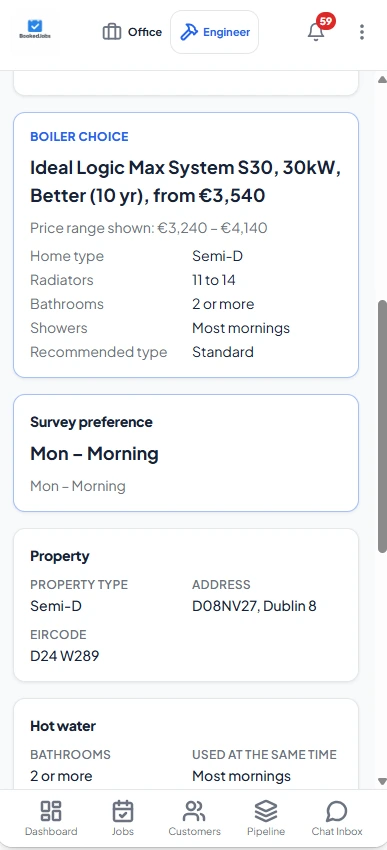 BookedJobs lead record showing the homeowner's boiler choice, survey preference and property details