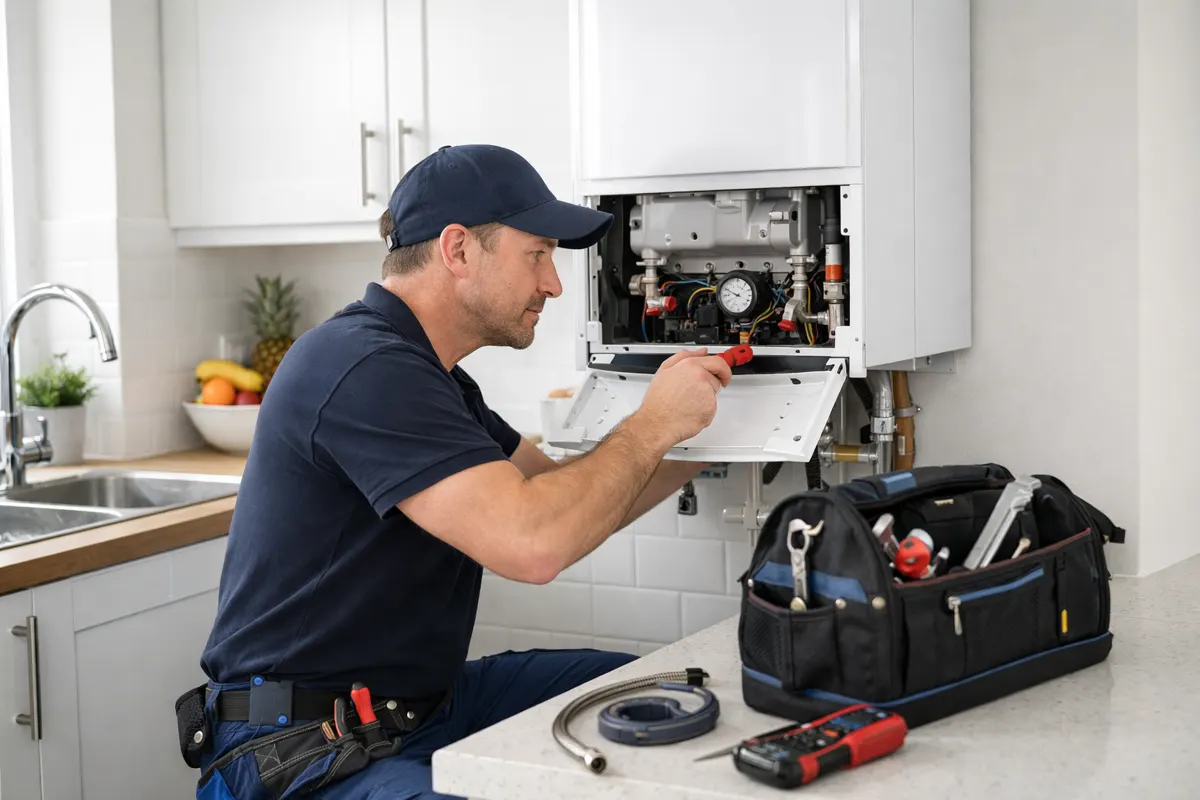 Heating engineer servicing a wall-mounted gas boiler in an Irish home while a customer call goes unanswered