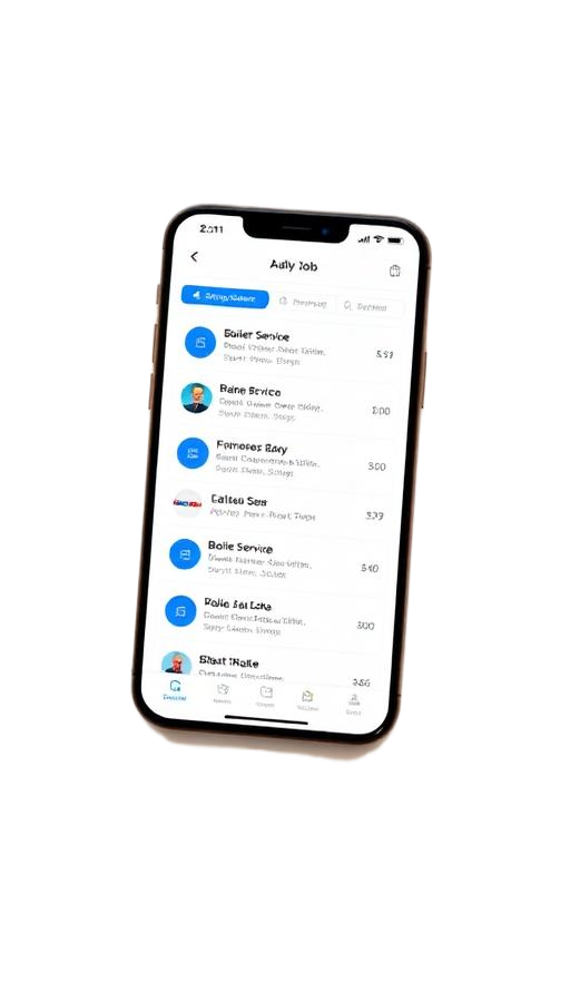 Engineer mobile app showing daily job list with customer details and boiler service appointments
