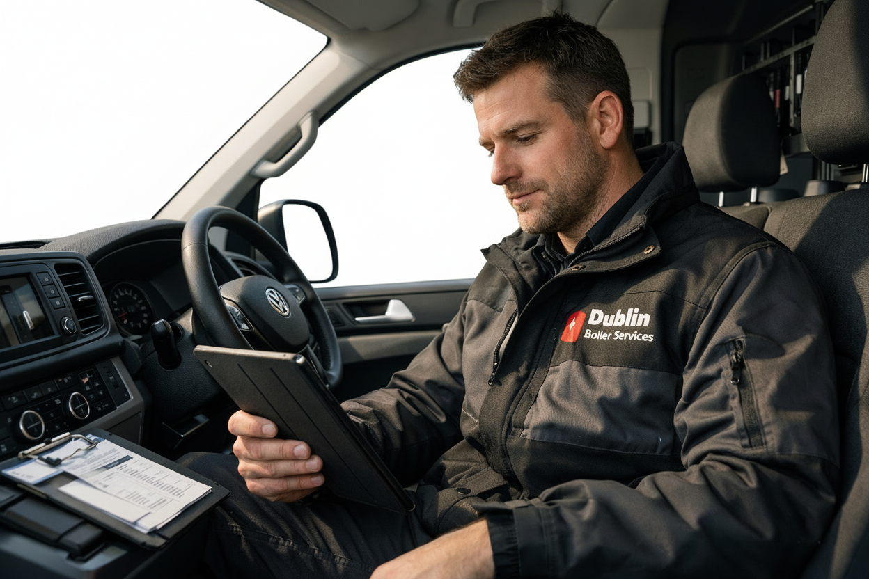 Professional gas boiler service engineer in van holding a tablet with the BookedJobs booking and renewal dashboard