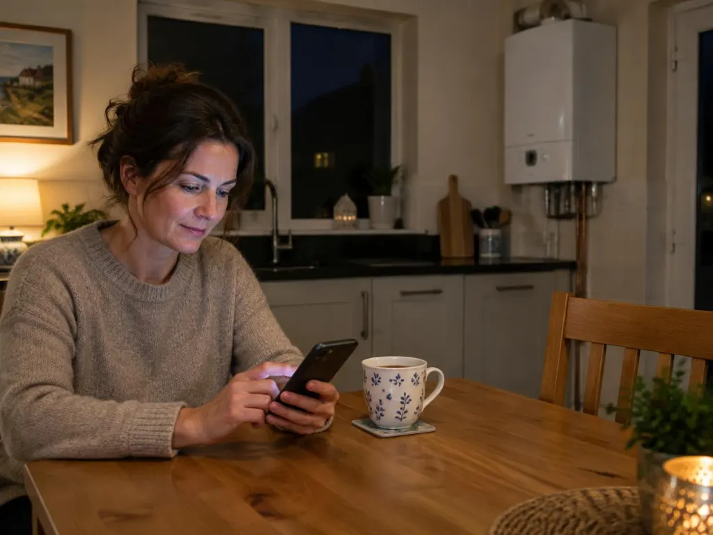 Homeowner in her kitchen in the evening using a smartphone to send a boiler repair enquiry
