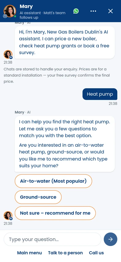 Mary answering a homeowner's heat pump question and offering air-to-water, ground-source or a recommendation