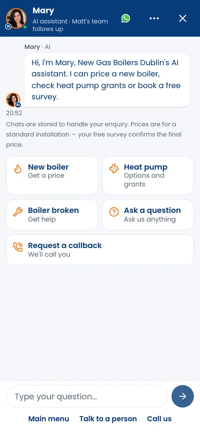 Mary, the BookedJobs AI Sales Assistant, showing New boiler, Heat pump, Boiler broken, Ask a question and Request a callback options