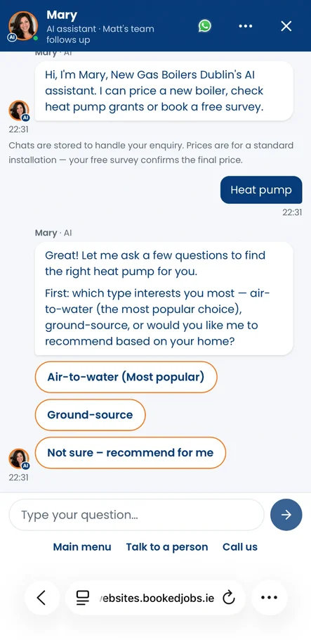 Mary asking which heat pump type interests the homeowner: air-to-water, ground-source or a recommendation