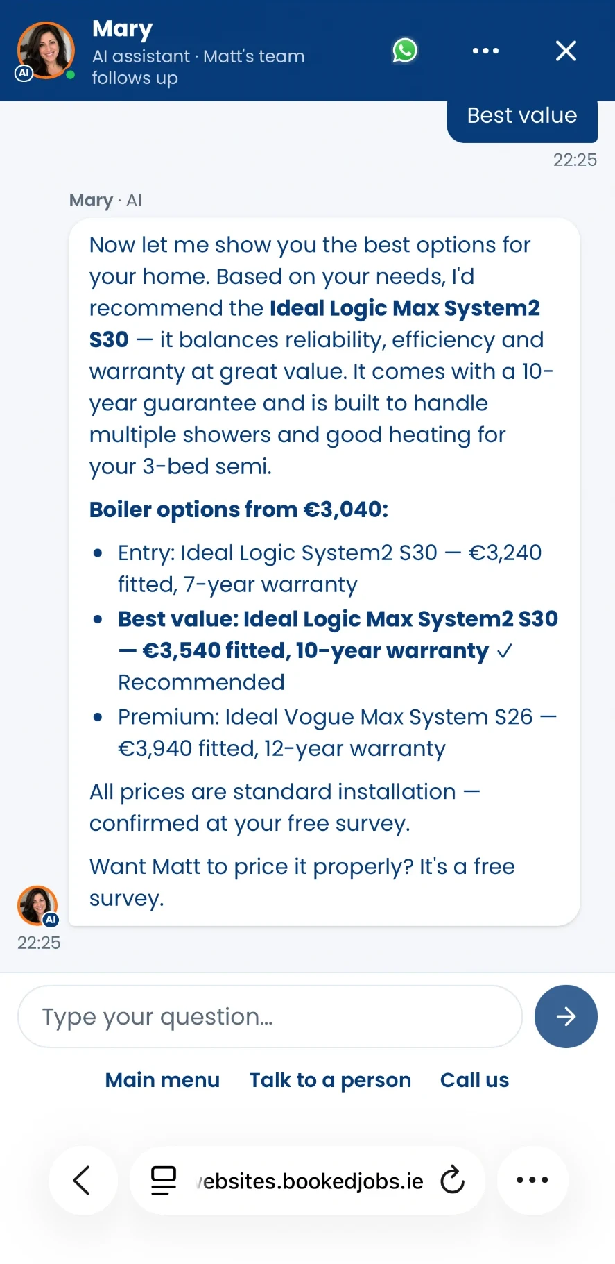 Mary recommending the Ideal Logic Max System2 S30 for a 3-bed semi, with entry, best value and premium prices