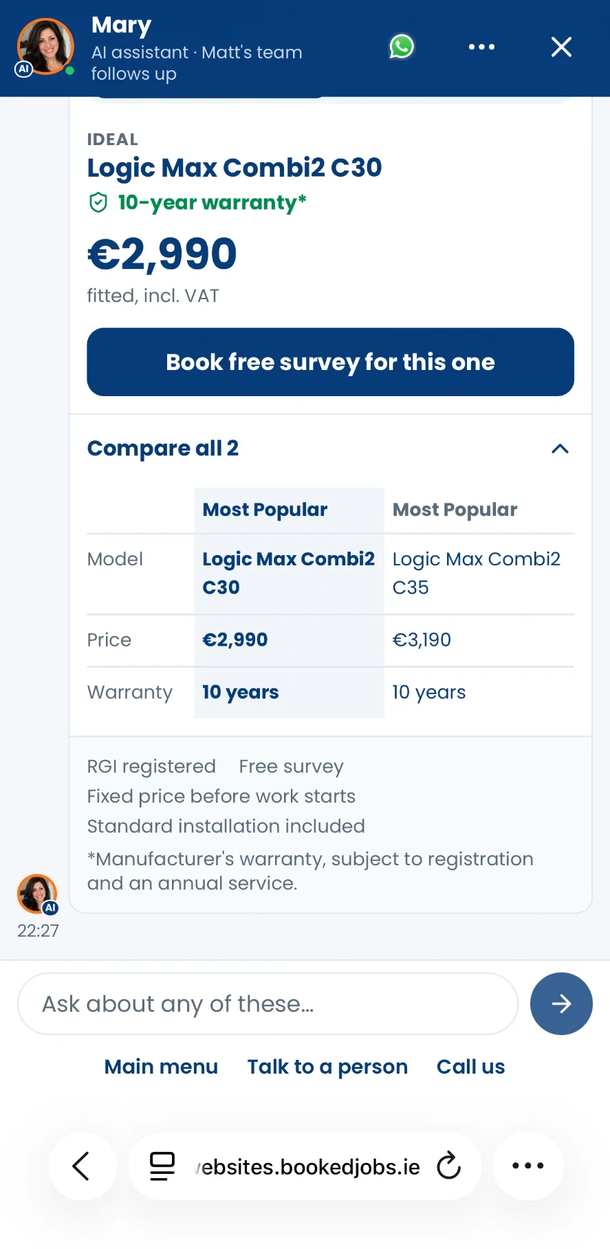 Mary comparing boiler options by model, price and warranty below a Book free survey for this one button