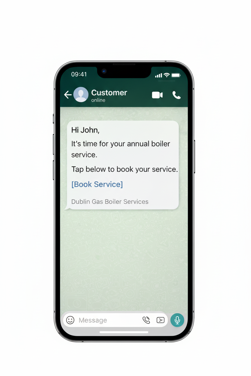 WhatsApp reminder message showing automatic booking reminder sent to a customer